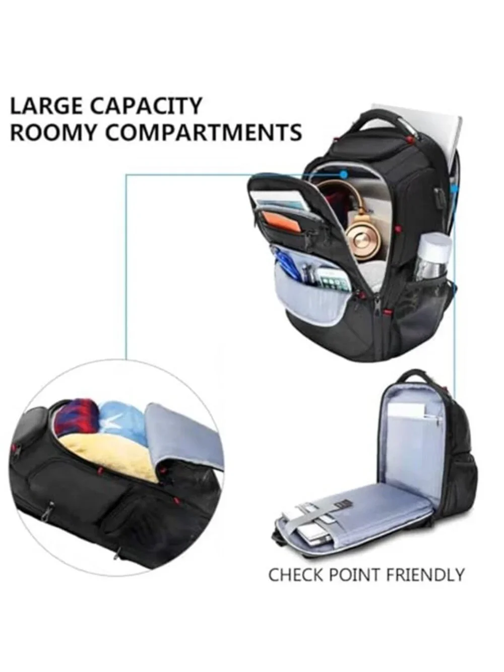 Laptop Backpack 17 Inch Large Travel Business Bag RFID USB Water Resistant Black
